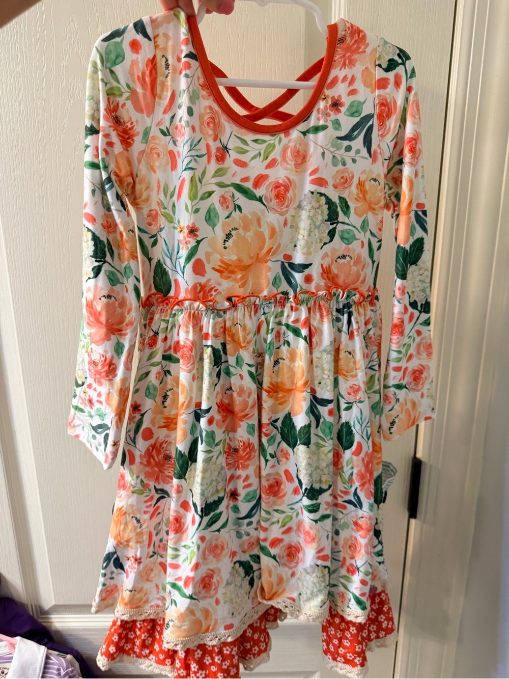 cheeky plum Coral & Green Floral Tiered Long-Sleeve Pocket Dress NWT size 6Y
